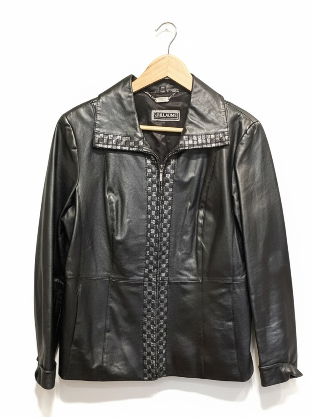 Guillaume Black Leather Front Zip Metallic Checkered Trim Jacket Size M